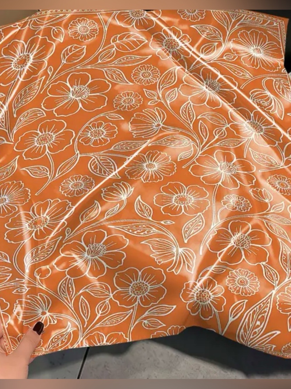🍁🍂Orange Floral Silk-Feel Scarf with Delicate White Outline Print